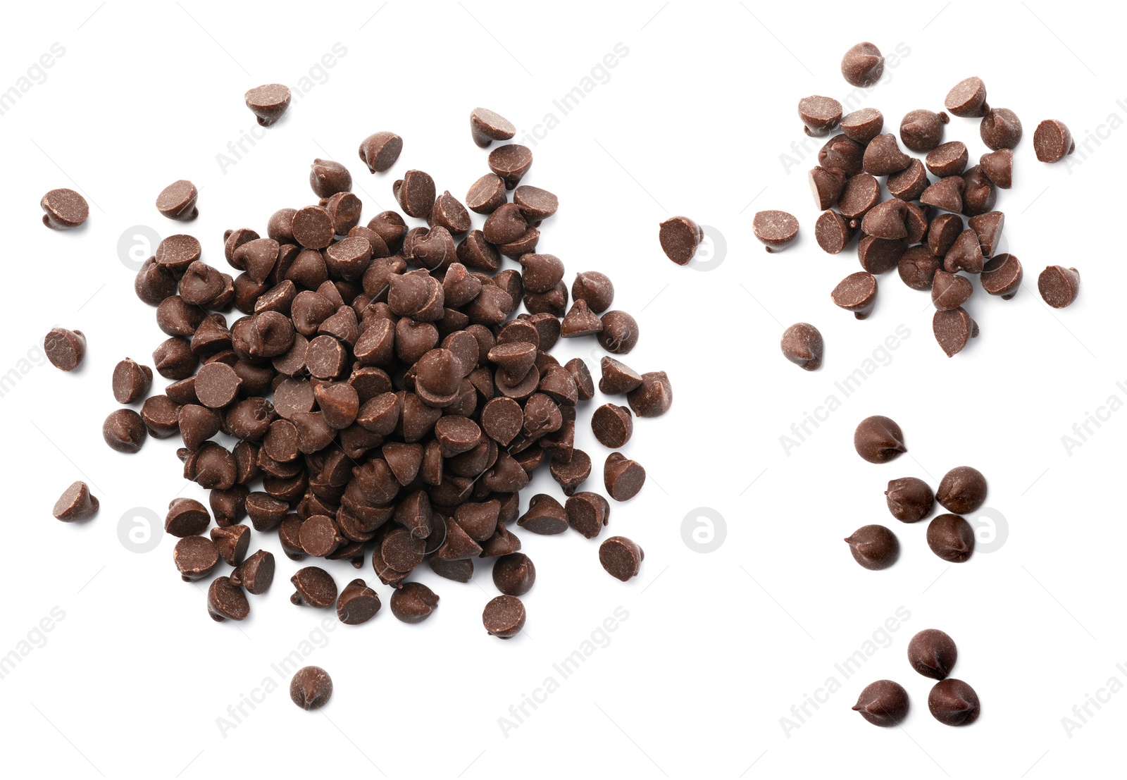 Set of tasty chocolate chips isolated on white, top view Image of Set of tasty chocolate chips isolated on white, top view