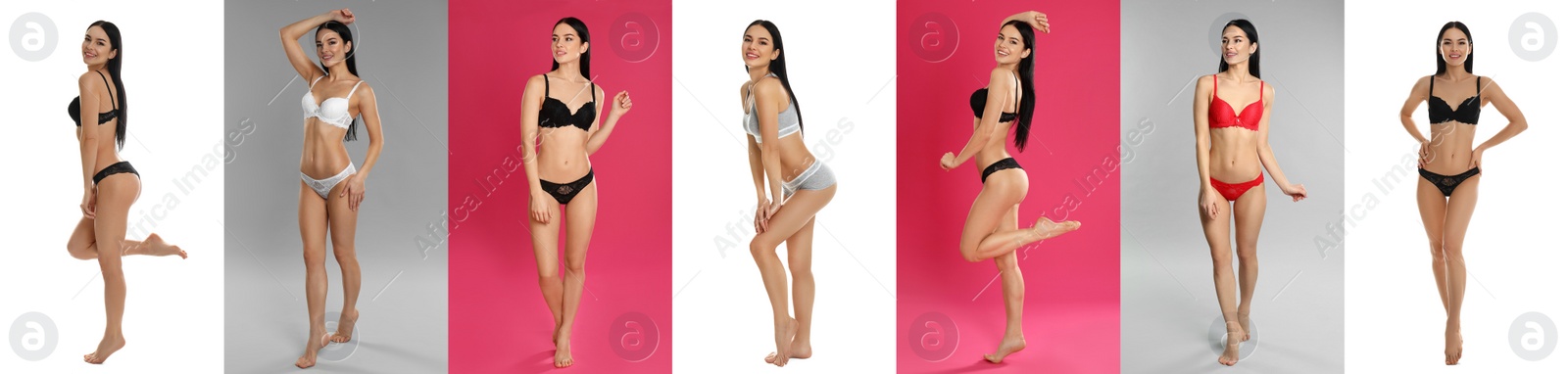 Collage of young woman in different underwear on color backgrounds. Banner design Image of Collage of young woman in different underwear on color backgrounds. Banner design