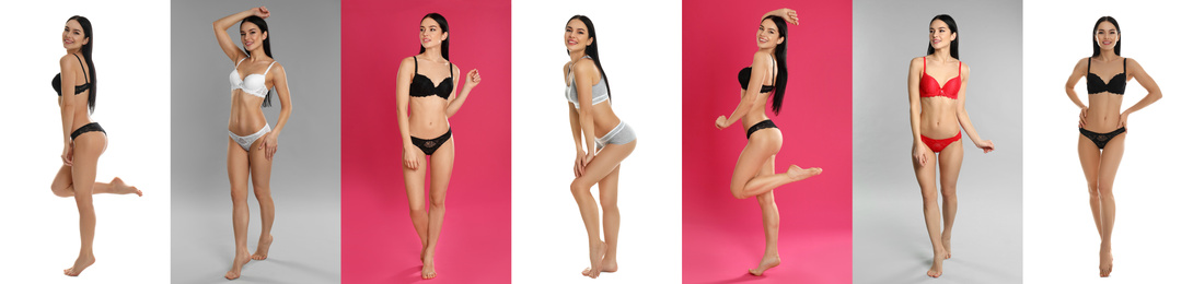 Collage of young woman in different underwear on color backgrounds. Banner design Image of Collage of young woman in different underwear on color backgrounds. Banner design