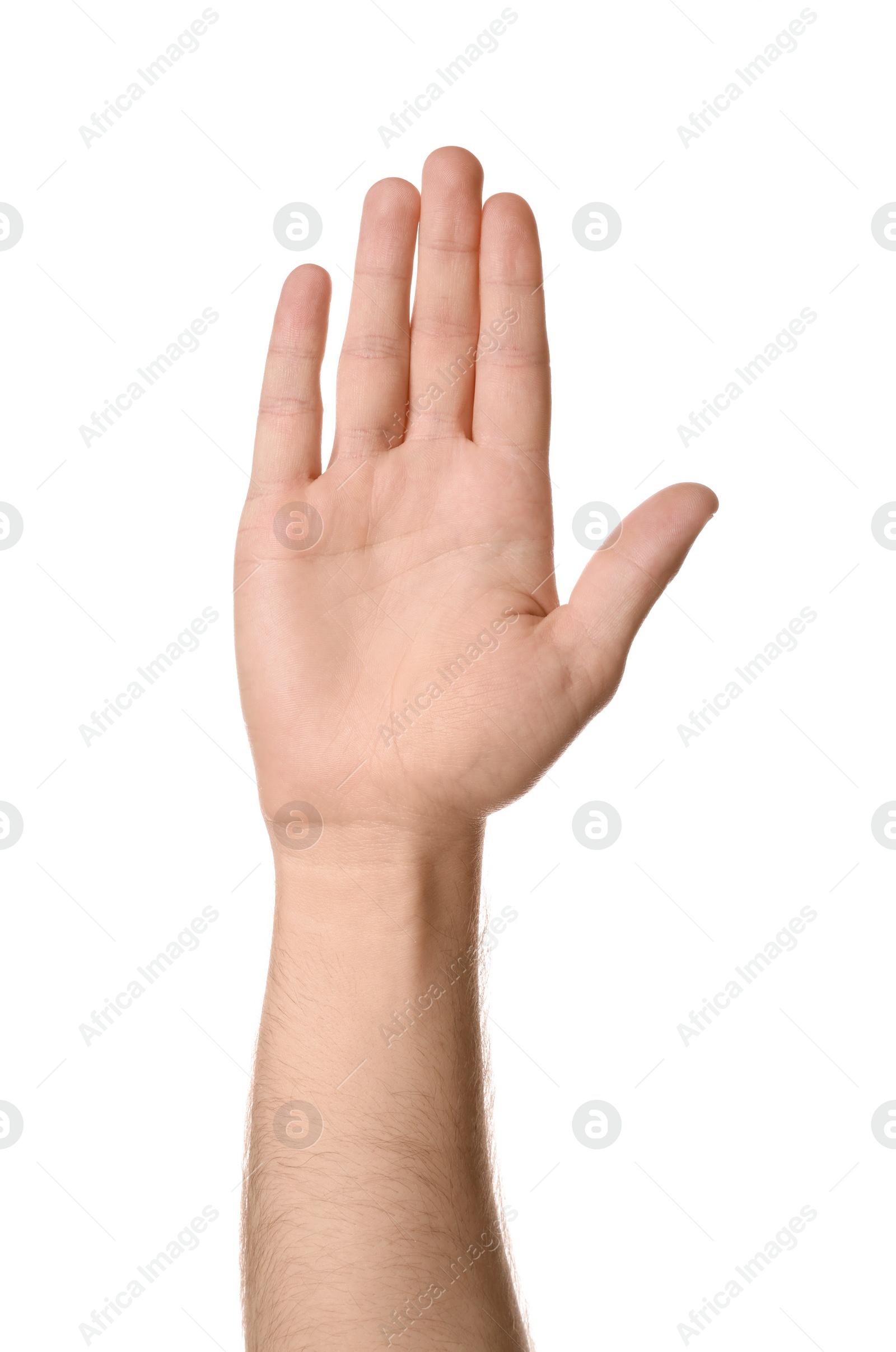 Man against white background, closeup of hand Photo of Man against white background, closeup of hand