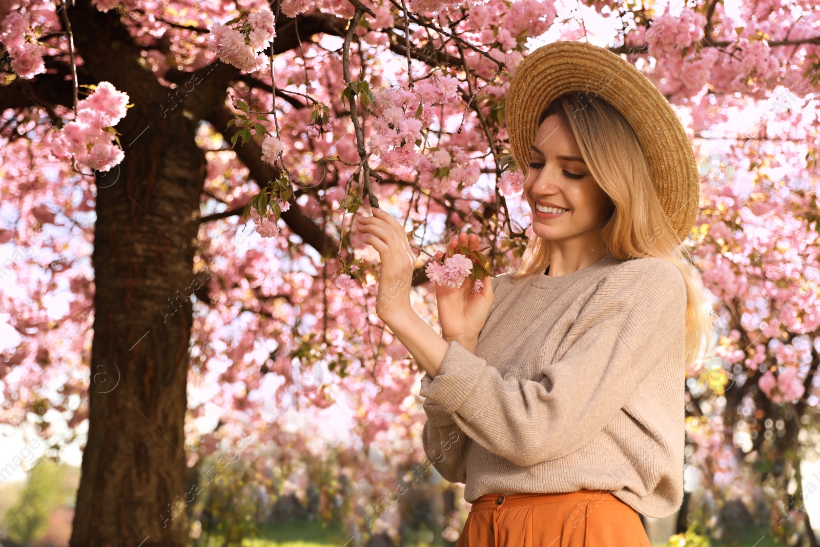 Young woman wearing stylish outfit near blossoming sakura in park. Fashionable spring look Photo of Young woman wearing stylish outfit near blossoming sakura in park. Fashionable spring look