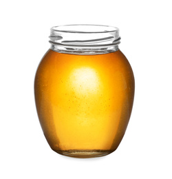 Photo of Jar with organic honey isolated on white