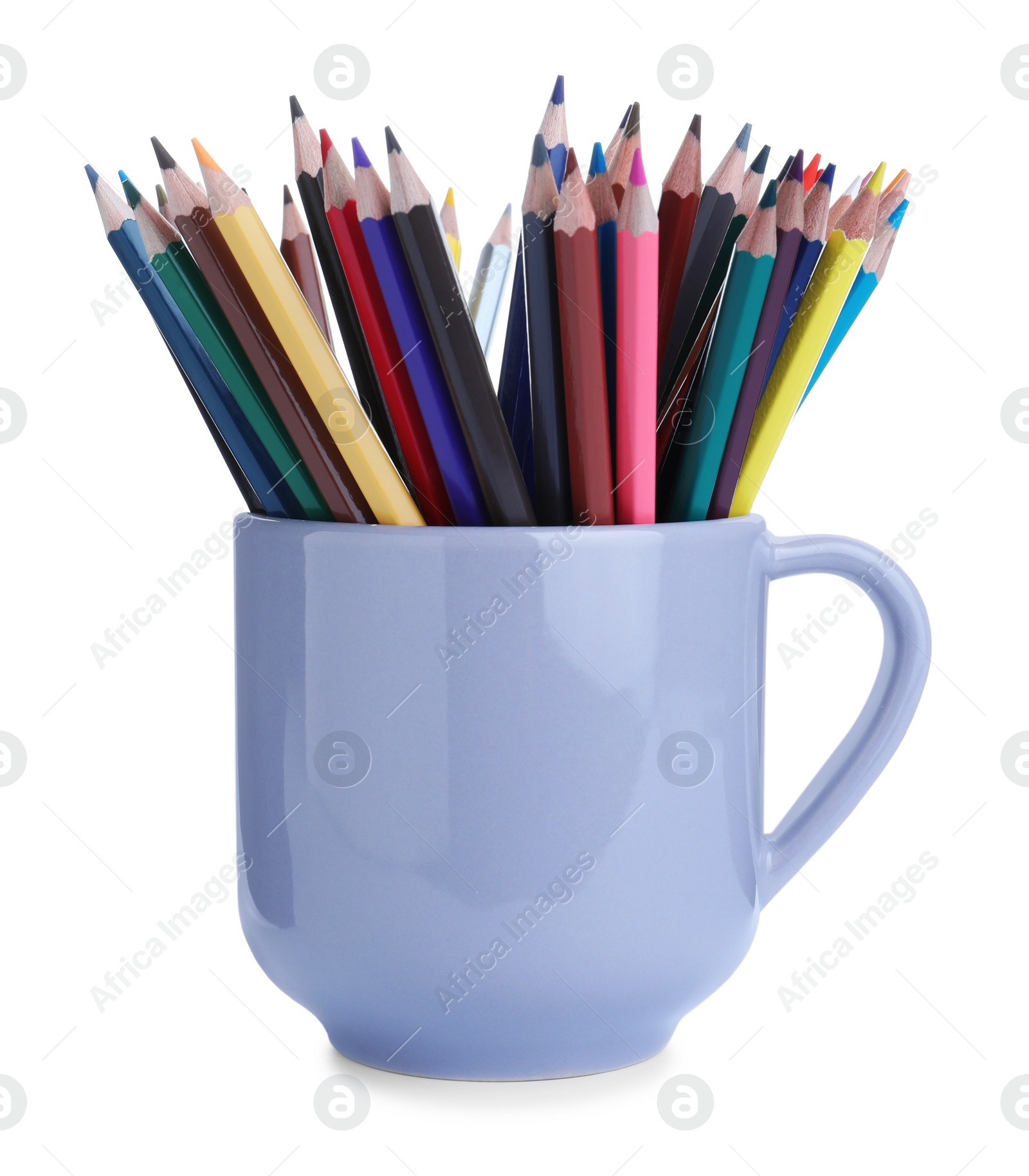 Colorful pencils in grey cup on white background Photo of Colorful pencils in grey cup on white background