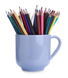 Colorful pencils in grey cup on white background Photo of Colorful pencils in grey cup on white background