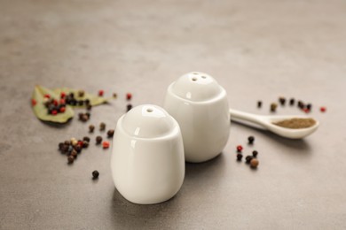White ceramic salt and pepper shakers, bay leaves with spoon on light table, closeup Photo of White ceramic salt and pepper shakers, bay leaves with spoon on light table, closeup