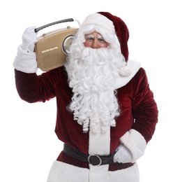 Santa Claus with vintage radio on white background. Christmas music Photo of Santa Claus with vintage radio on white background. Christmas music