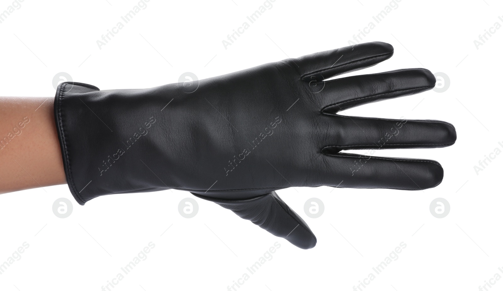 Woman wearing black leather glove on white background, closeup Photo of Woman wearing black leather glove on white background, closeup