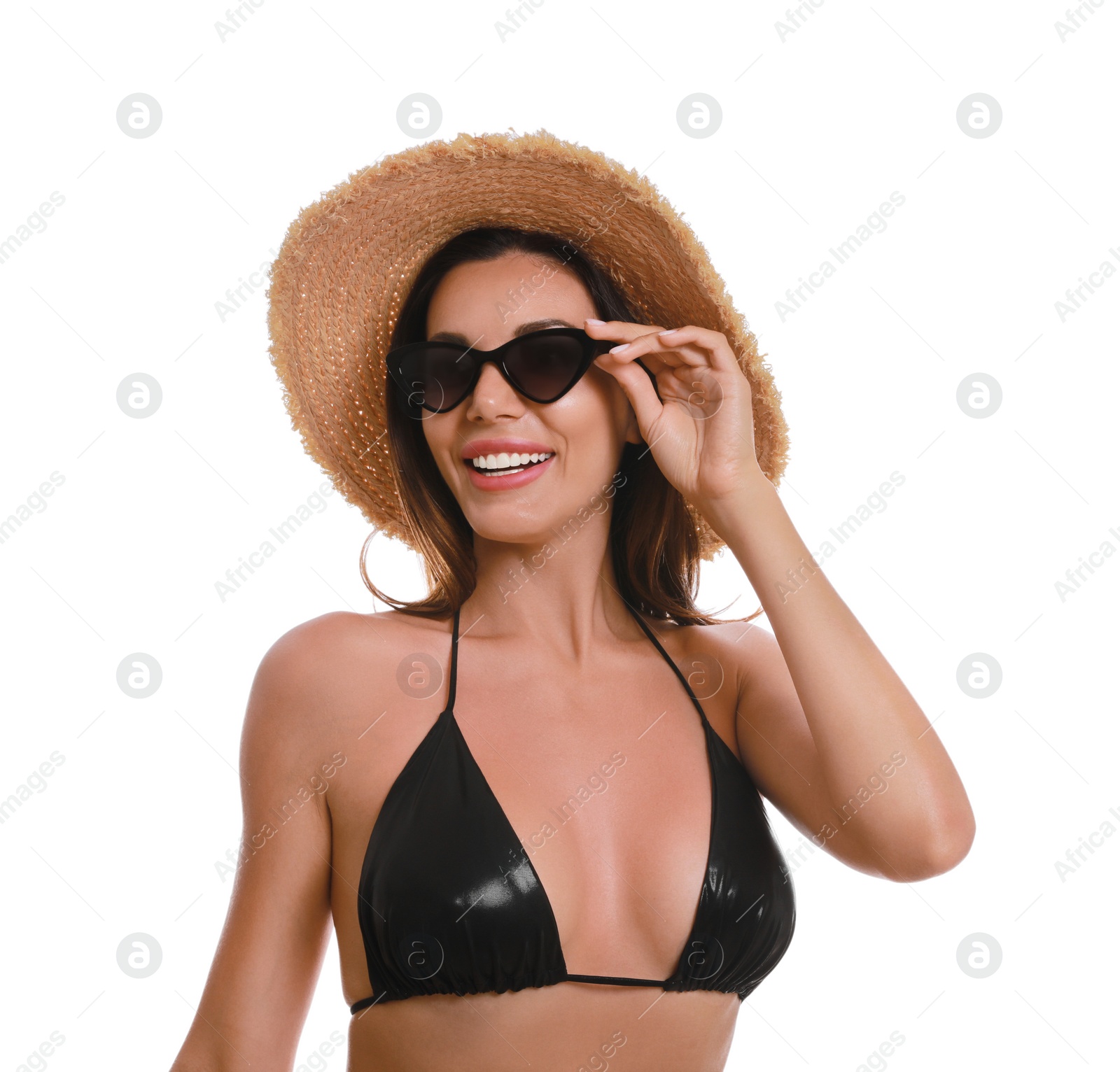 Beautiful woman in stylish bikini on white background Photo of Beautiful woman in stylish bikini on white background