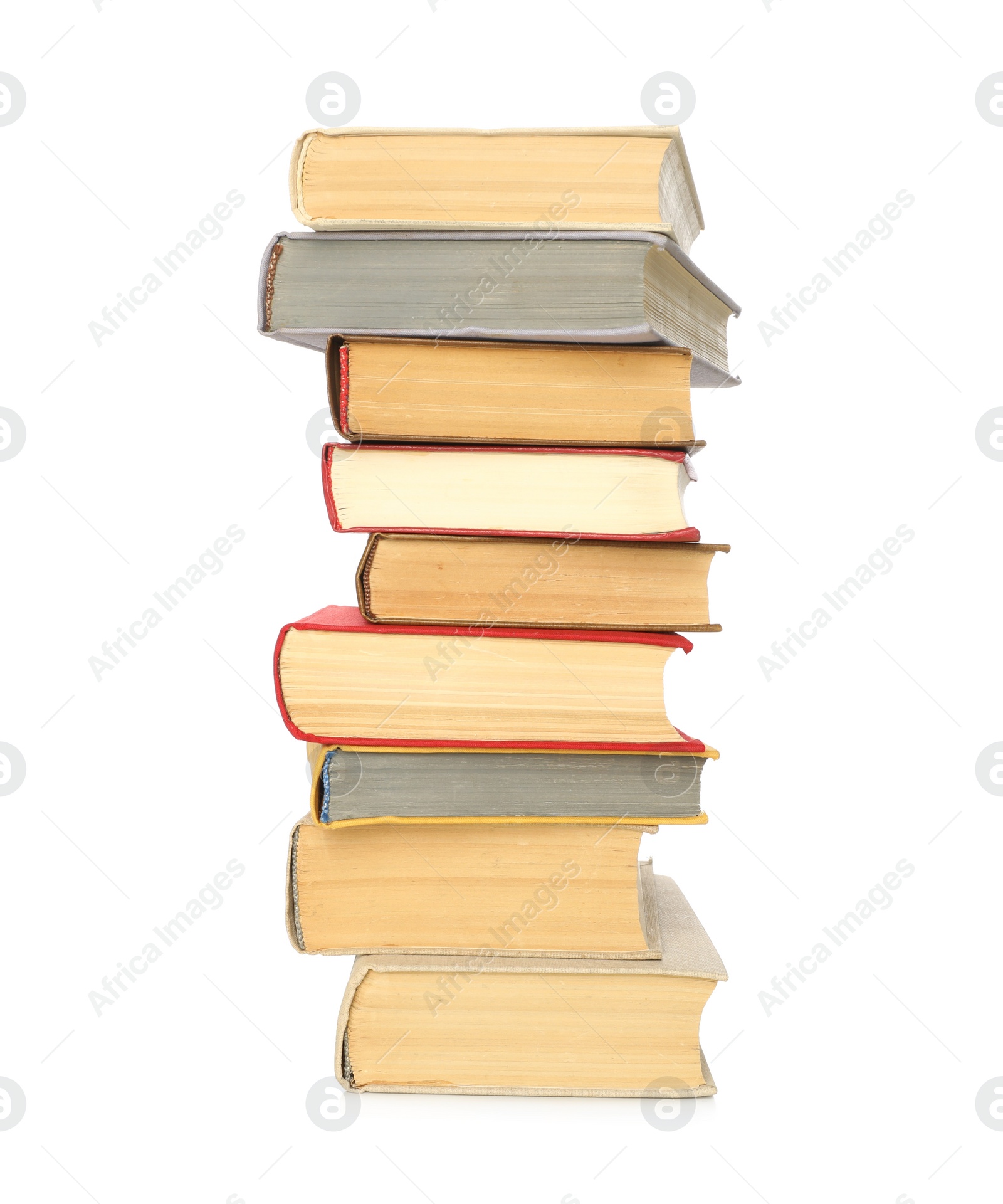 Stack of library books on white background Photo of Stack of library books on white background