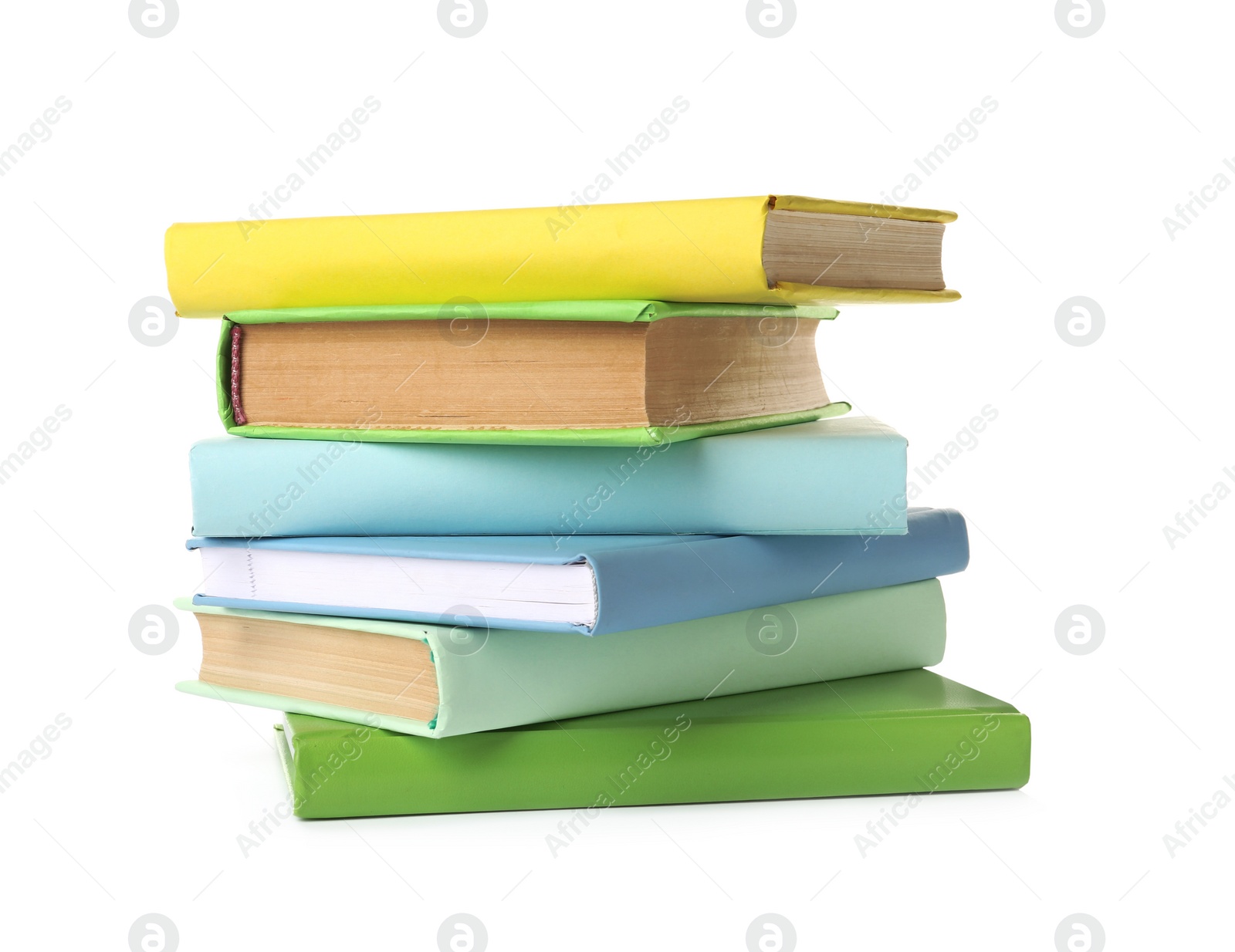 Photo of Many colorful hardcover books on white background