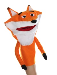 Fox puppet for show on hand against white background Photo of Fox puppet for show on hand against white background
