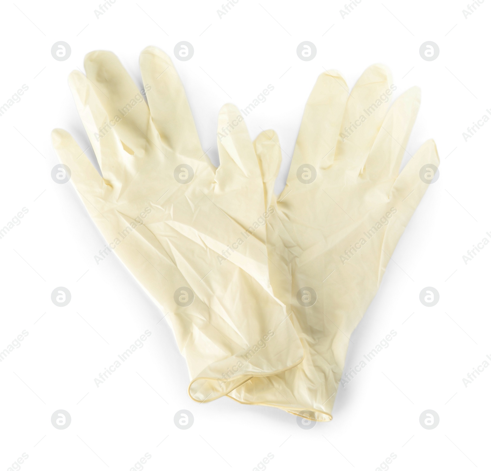 Pair of medical gloves isolated on white, top view Photo of Pair of medical gloves isolated on white, top view