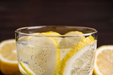Soda water with lemon slices on dark background, closeup Photo of Soda water with lemon slices on dark background, closeup