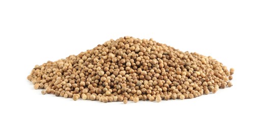 Heap of dried coriander seeds on white background Photo of Heap of dried coriander seeds on white background