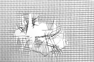 Torn window screen against white background, closeup Photo of Torn window screen against white background, closeup