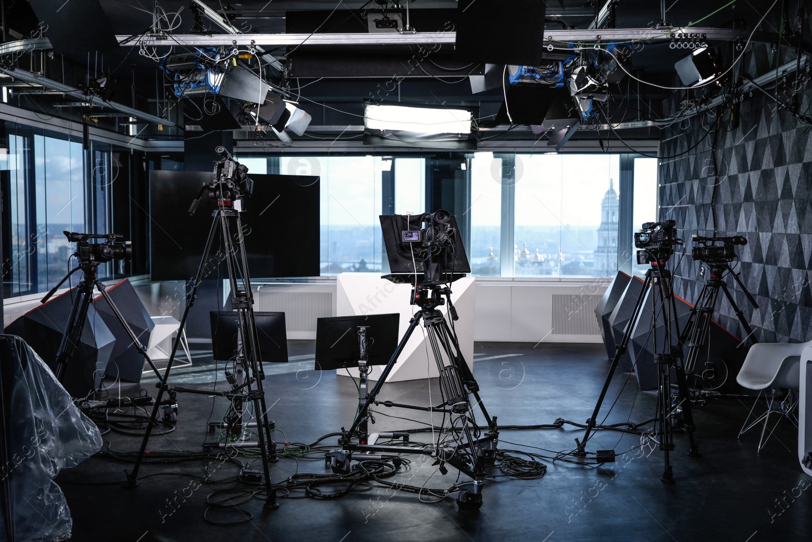 Modern video recording studio with professional cameras Photo of Modern video recording studio with professional cameras
