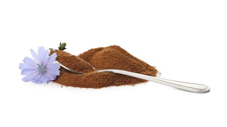 Photo of Spoon, chicory powder and flower on white background