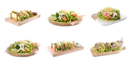 Set of delicious fresh fish tacos on white background Image of Set of delicious fresh fish tacos on white background