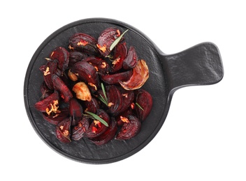 Slate plate with roasted beetroot slices, garlic and rosemary isolated on white, top view Photo of Slate plate with roasted beetroot slices, garlic and rosemary isolated on white, top view