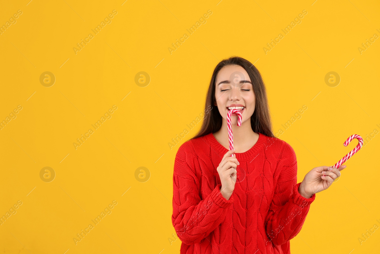 Young woman in red sweater holding candy canes on yellow background, space for text. Celebrating Christmas Photo of Young woman in red sweater holding candy canes on yellow background, space for text. Celebrating Christmas