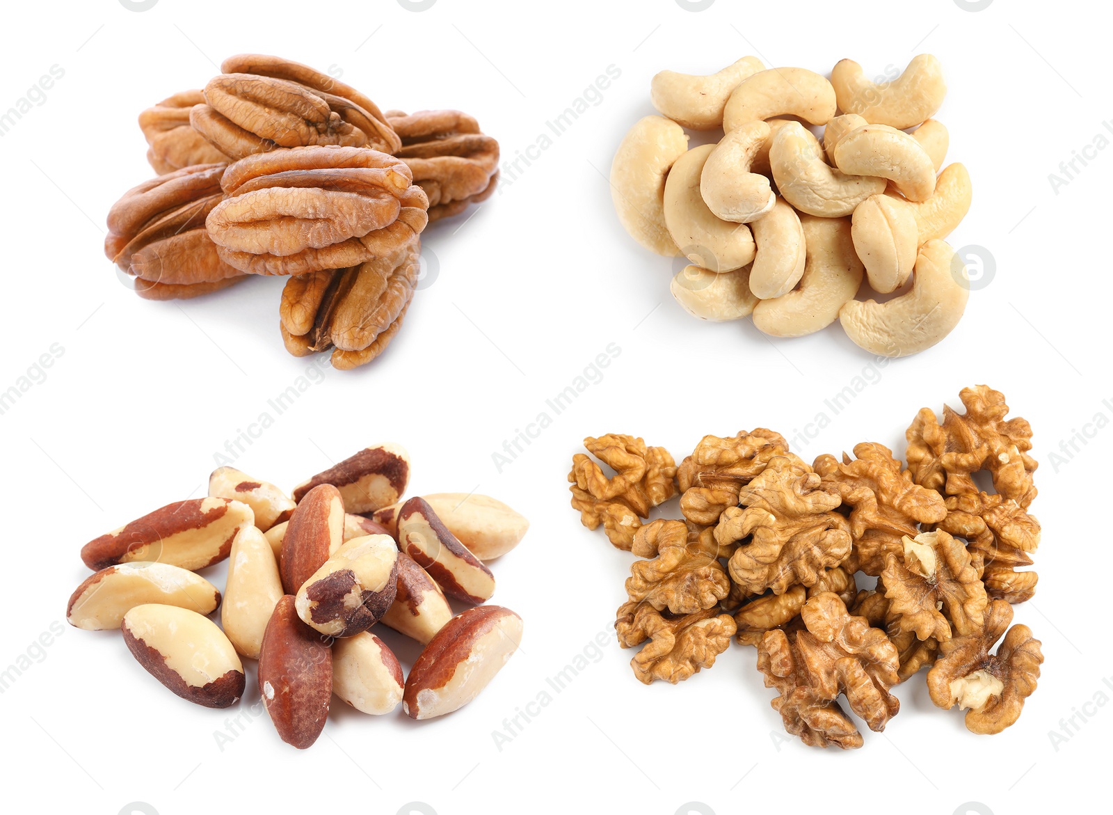 Set with different tasty nuts on white background, top view Image of Set with different tasty nuts on white background, top view