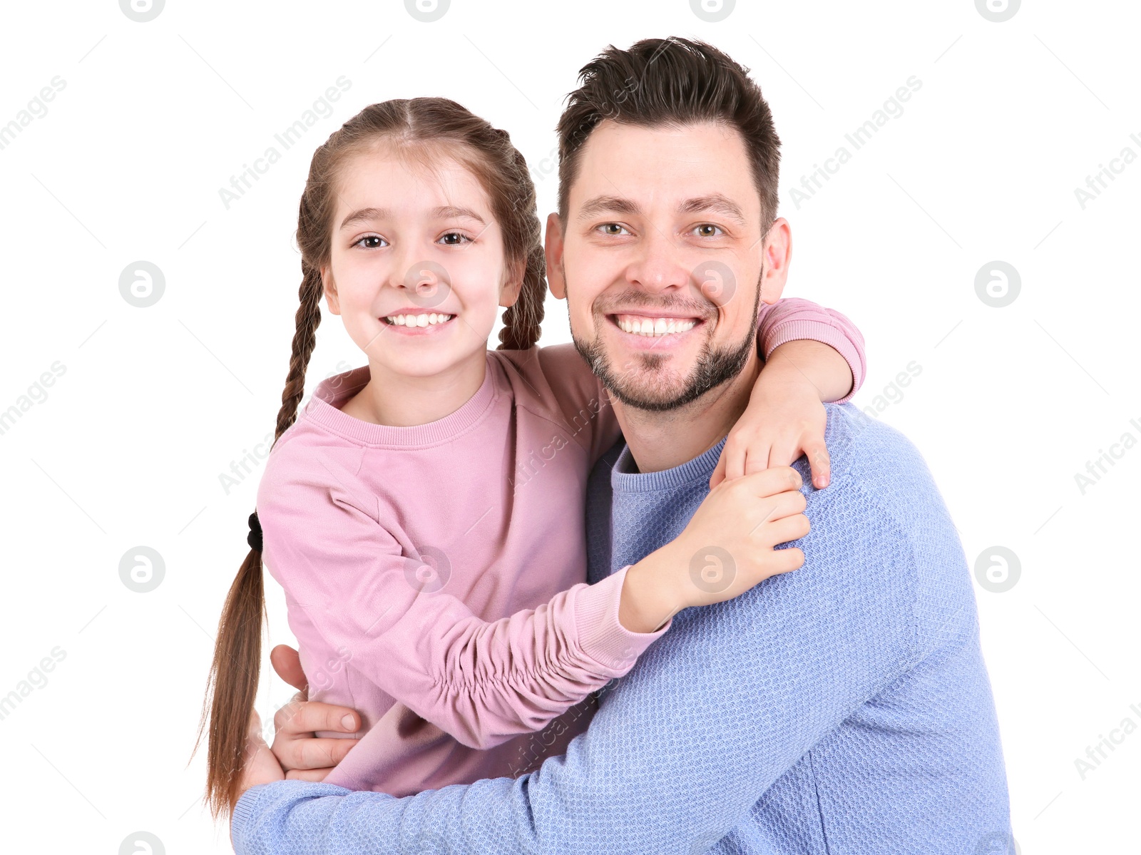 Dad and his daughter hugging on white background. Father's day celebration Photo of Dad and his daughter hugging on white background. Father's day celebration