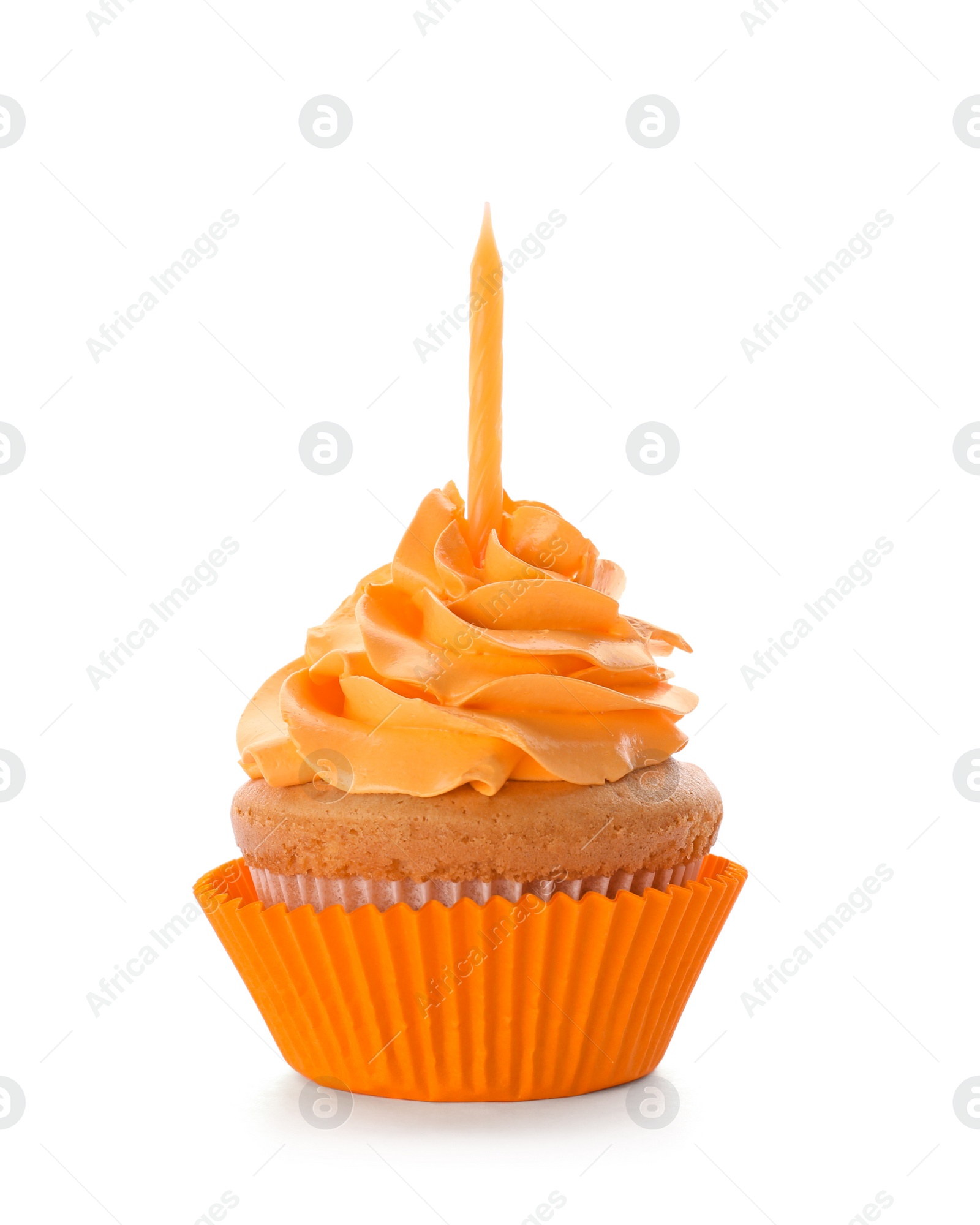 Birthday cupcake with candle on white background Photo of Birthday cupcake with candle on white background