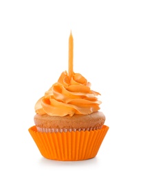 Birthday cupcake with candle on white background Photo of Birthday cupcake with candle on white background