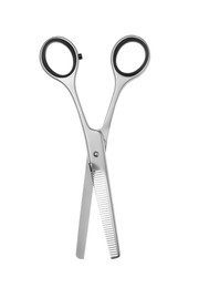 Professional hairdresser thinning scissors isolated on white. Haircut tool Photo of Professional hairdresser thinning scissors isolated on white. Haircut tool