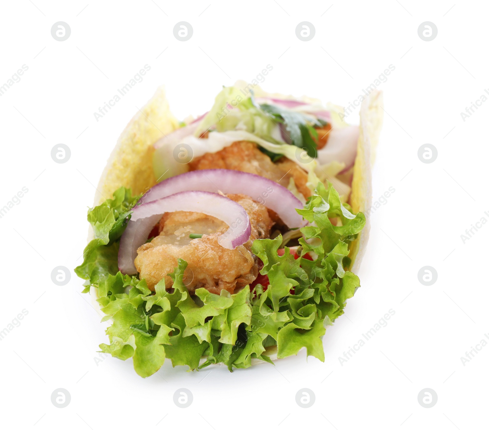 Yummy fish taco with onion isolated on white Photo of Yummy fish taco with onion isolated on white