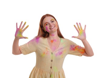 Woman covered with colorful powder dyes on white background. Holi festival celebration Photo of Woman covered with colorful powder dyes on white background. Holi festival celebration