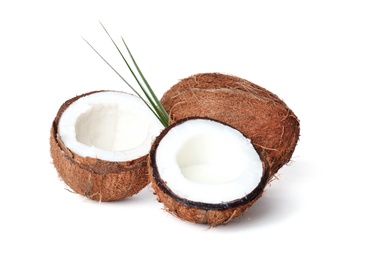 Coconuts with fresh milk on white background Photo of Coconuts with fresh milk on white background