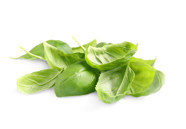 Pile of fresh basil leaves isolated on white Photo of Pile of fresh basil leaves isolated on white