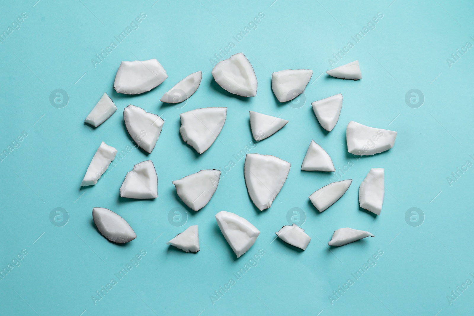 Coconut pieces on color background Photo of Coconut pieces on color background