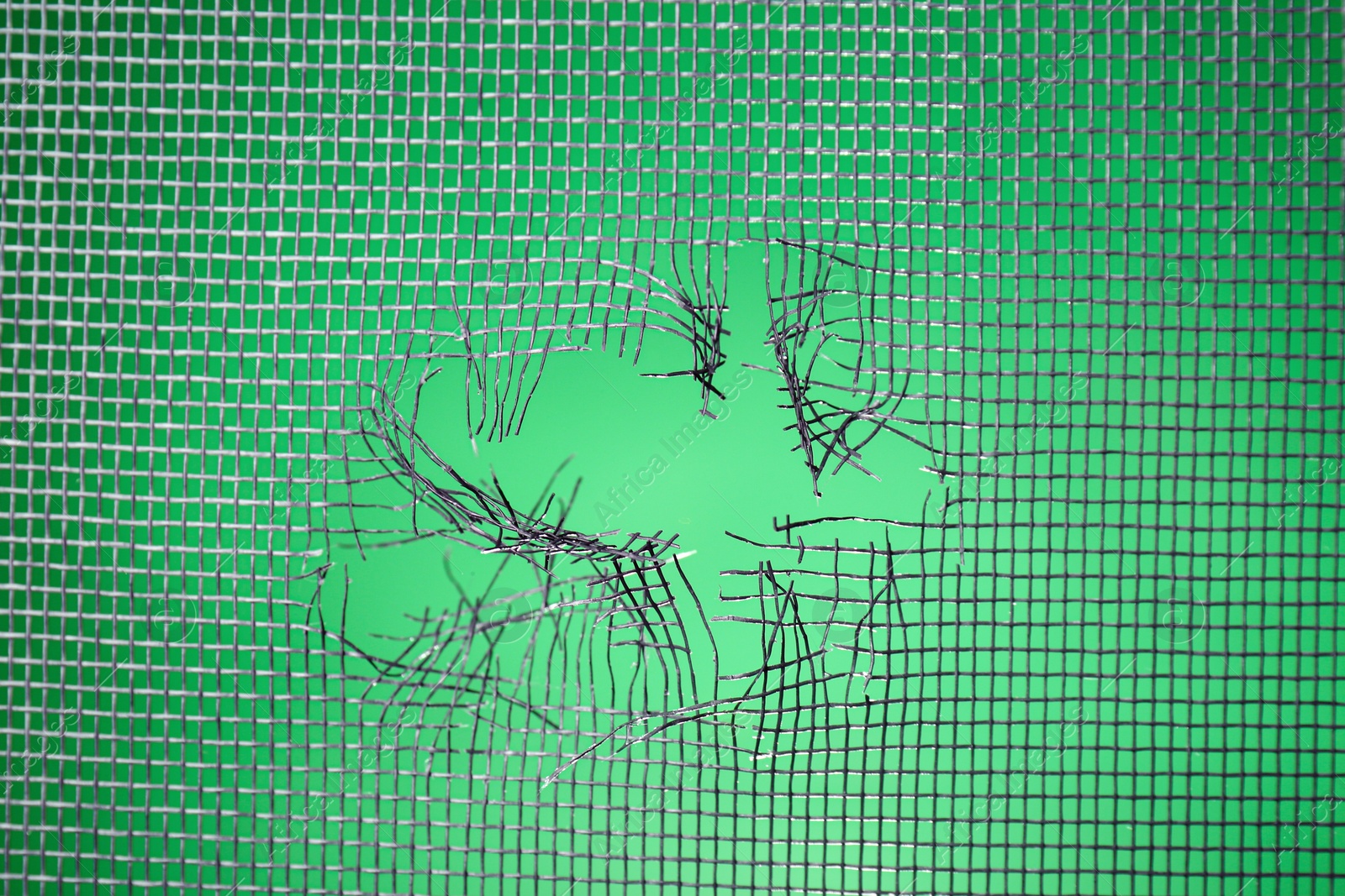 Torn window screen against green background, closeup Photo of Torn window screen against green background, closeup