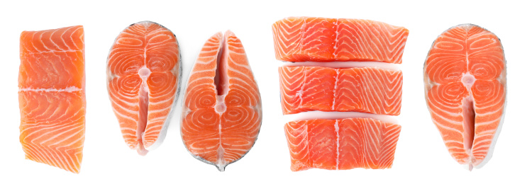 Set of fresh raw salmon on white background, top view. Fish delicacy Image of Set of fresh raw salmon on white background, top view. Fish delicacy