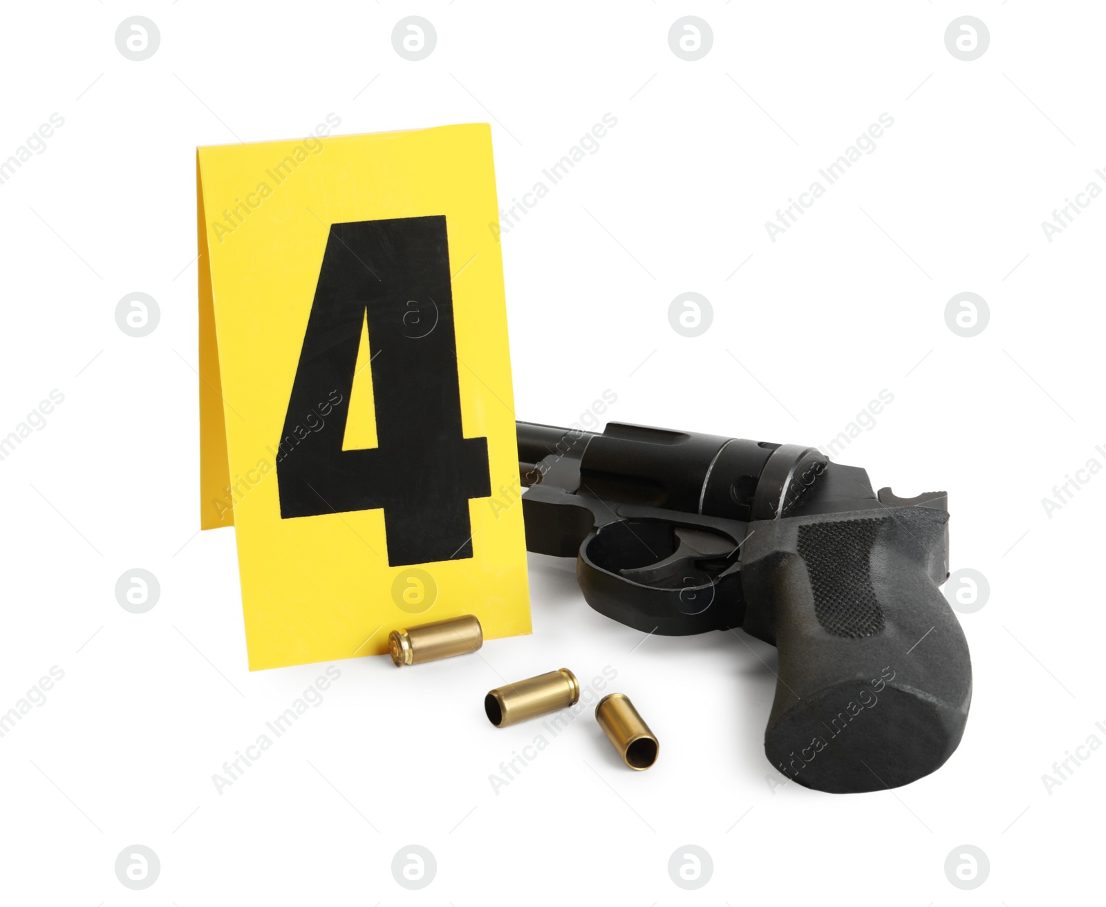 Gun, shell casings and crime scene marker with number four isolated on white Photo of Gun, shell casings and crime scene marker with number four isolated on white