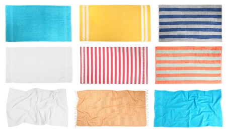 Set with different beach towels on white background, top view Image of Set with different beach towels on white background, top view