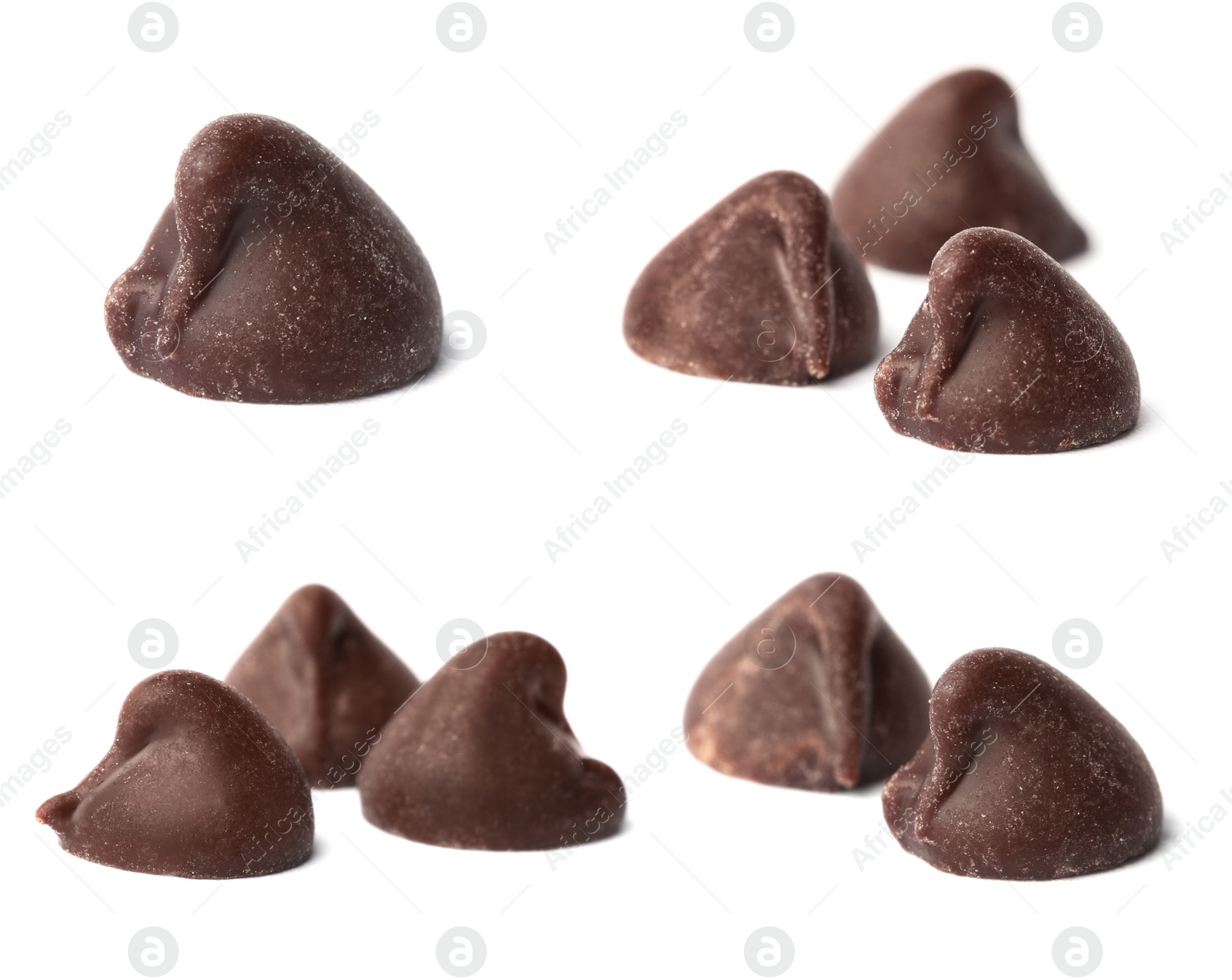 Set Set of tasty chocolate chips isolated on white Image of Set Set of tasty chocolate chips isolated on white