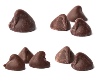Set Set of tasty chocolate chips isolated on white Image of Set Set of tasty chocolate chips isolated on white