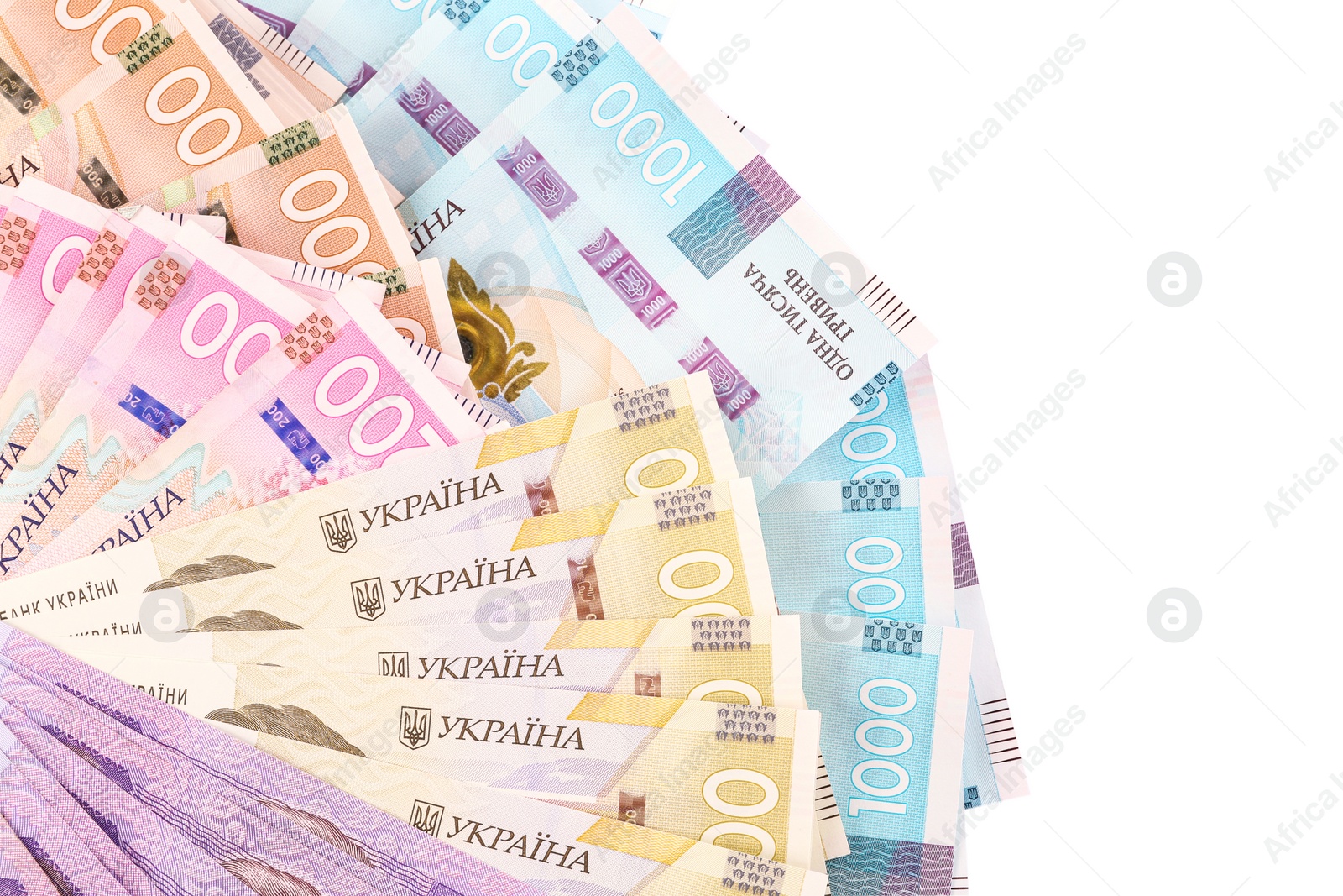 Ukrainian money on white background, top view Photo of Ukrainian money on white background, top view