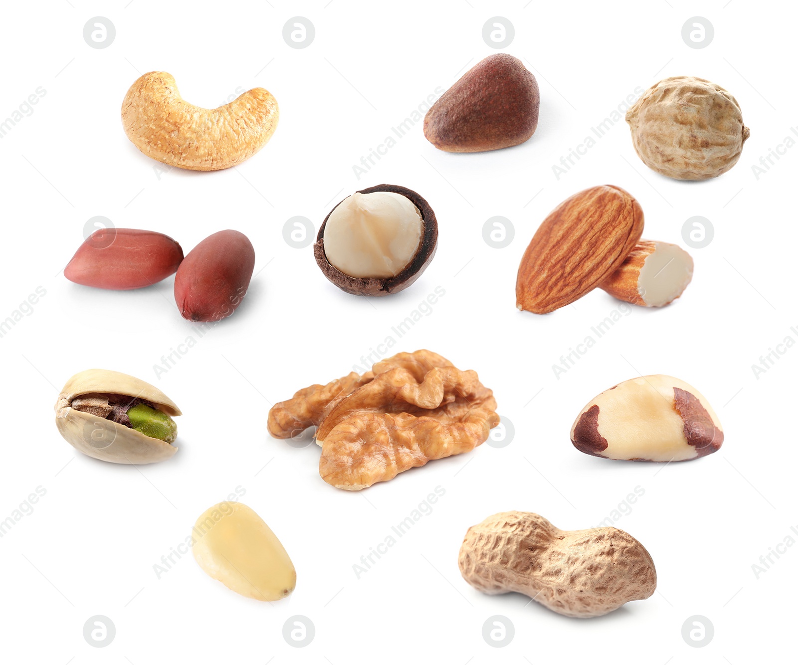 Set with different tasty nuts on white background Image of Set with different tasty nuts on white background