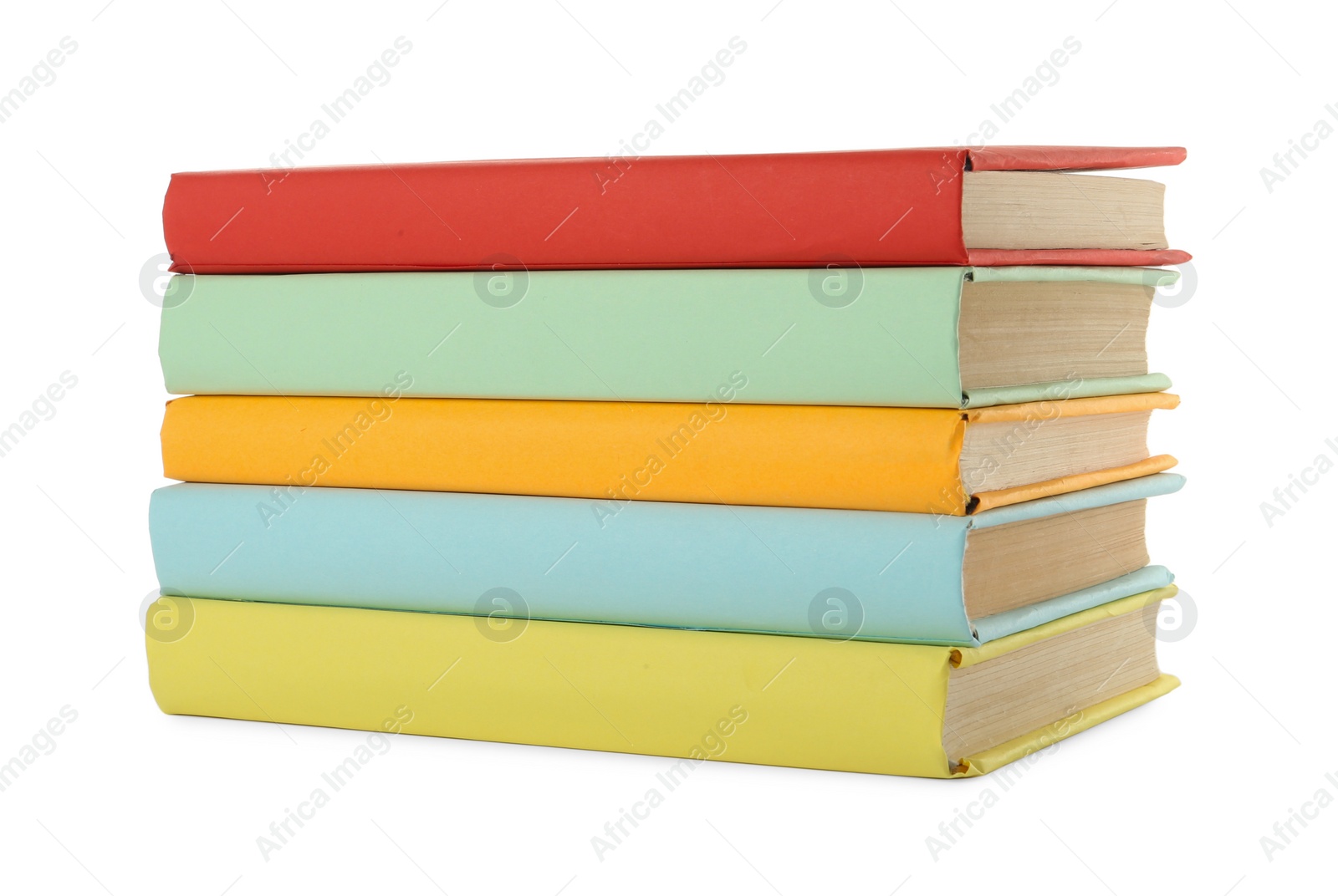 Photo of Many colorful hardcover books on white background