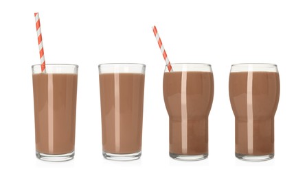 Set with delicious chocolate milk on white background. Banner design Image of Set with delicious chocolate milk on white background. Banner design