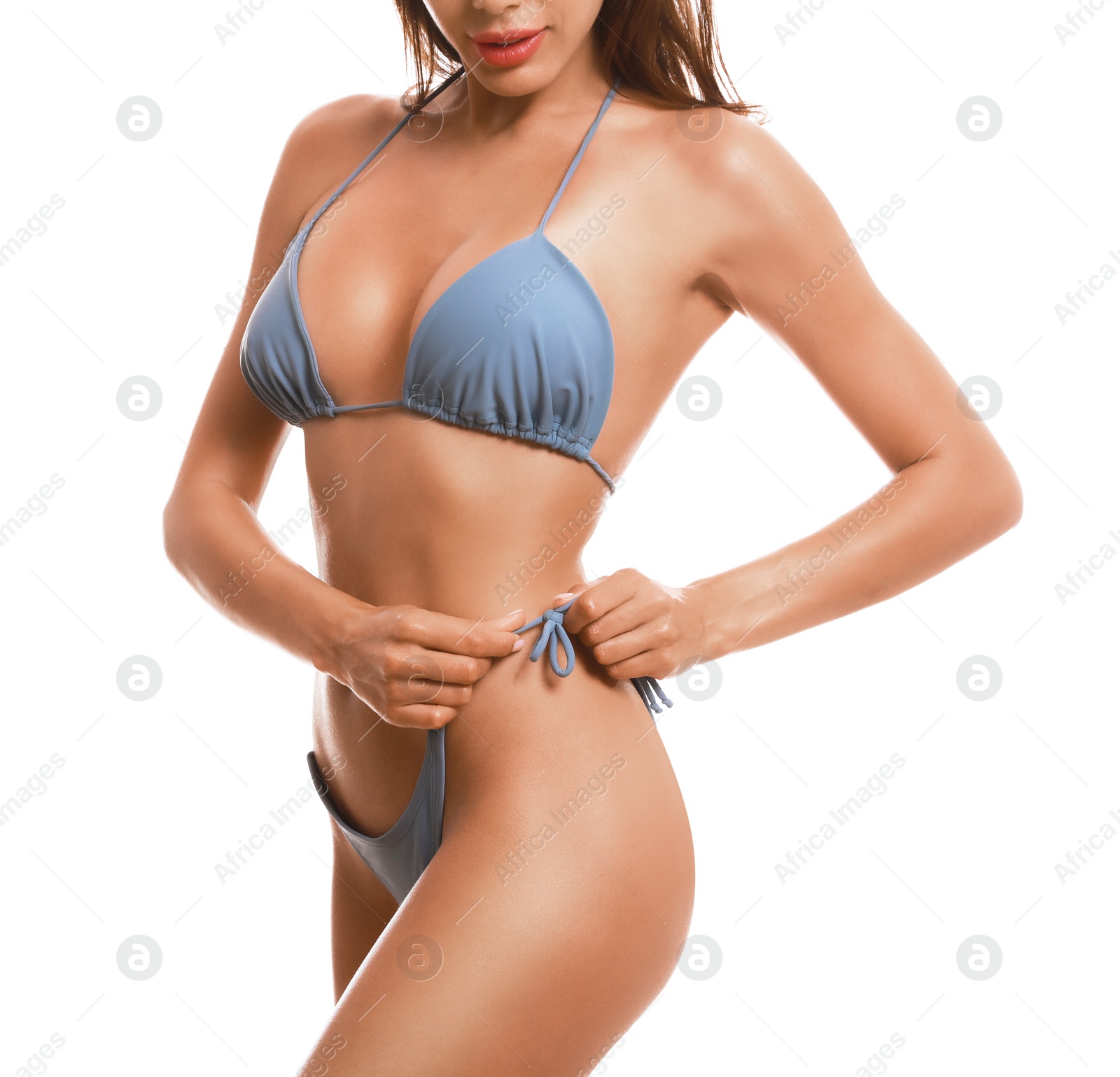 Photo of Woman in stylish bikini on white background, closeup