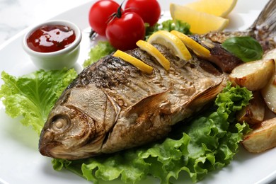 Tasty homemade roasted crucian carp with garnish on plate, closeup. River fish Photo of Tasty homemade roasted crucian carp with garnish on plate, closeup. River fish