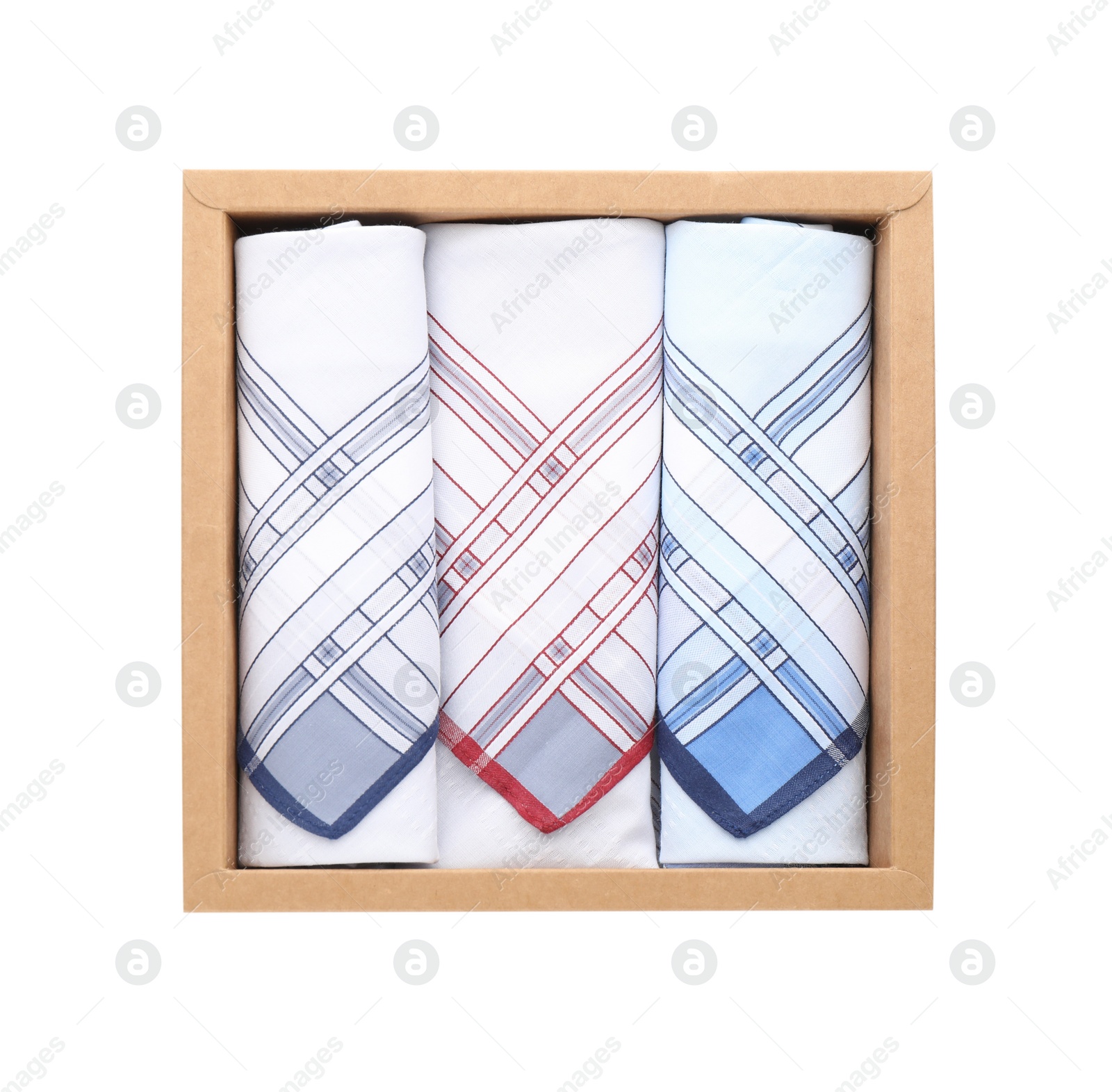 Set of stylish handkerchiefs in box isolated on white, top view Photo of Set of stylish handkerchiefs in box isolated on white, top view