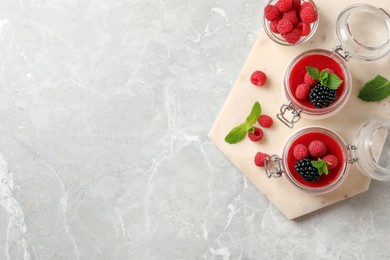Delicious panna cotta with fruit coulis and fresh berries on light grey table, top view. Space for text Photo of Delicious panna cotta with fruit coulis and fresh berries on light grey table, top view. Space for text
