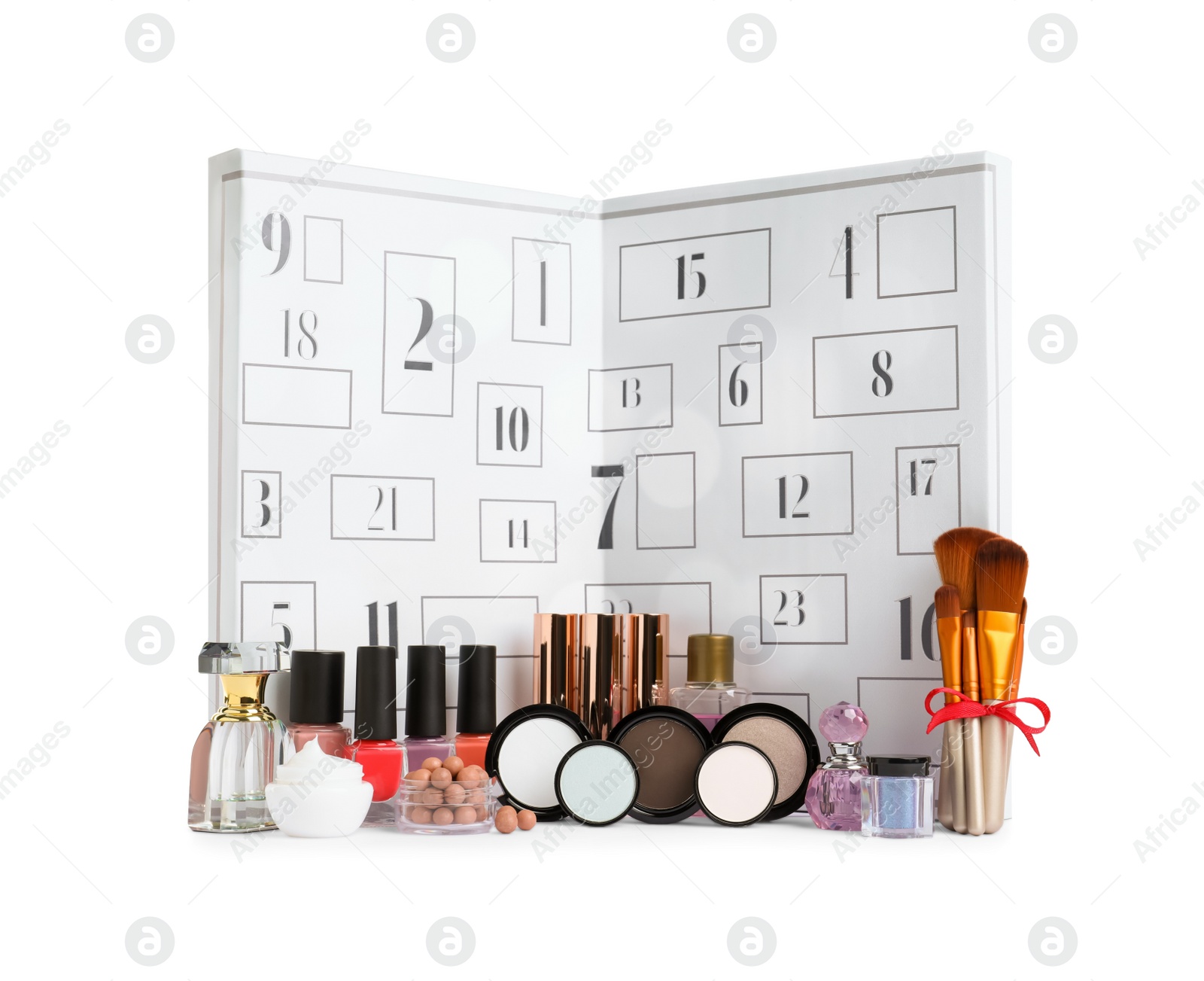 Photo of Christmas advent calendar with different cosmetics and perfumes isolated on white