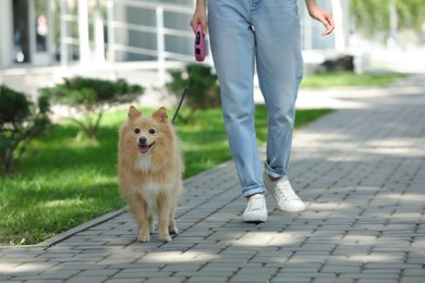 Woman with her cute dog walking on city street. closeup Photo of Woman with her cute dog walking on city street. closeup